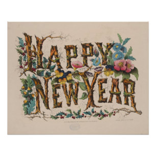 Feliz Ano Novo, Impressão Vintage Currier & Ives