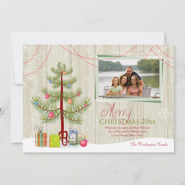 Feliz cartão com fotos de férias em madeira de árv (Frente)