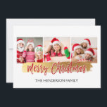 Feliz Cartão com fotos de Letra 3 de Mão de Natal<br><div class="desc">Feliz Natal - Letra O Script Três Fotografias. As 3 fotos e o texto deste script de pincel com letra manual podem ser atualizados e personalizados com sua foto e seu nome de família. Este cartão apresenta também o nome da família e uma coroa de folha de ouro no verso...</div>