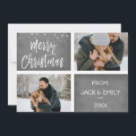 Feliz Cartão com fotos de neve de Natal ou floco d<br><div class="desc">Feliz Natal - Cinza De Carvões De Mão Lotou O Script Dois Cartão com fotos. A foto e o texto deste script de pincel com letra manual podem ser atualizados e personalizados com sua foto e seu nome. Este cartão também mostra o seu nome na parte de trás do cartão...</div>