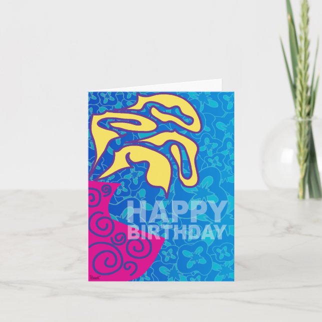 Feliz Cartão de Aniversário Amarelo Deixa Vaso Ros (Frente)