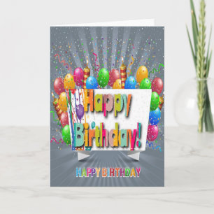 Feliz Cartão de Aniversário com Balões e Confetti.