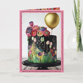 Feliz cartão de aniversário com bolo de arte deco