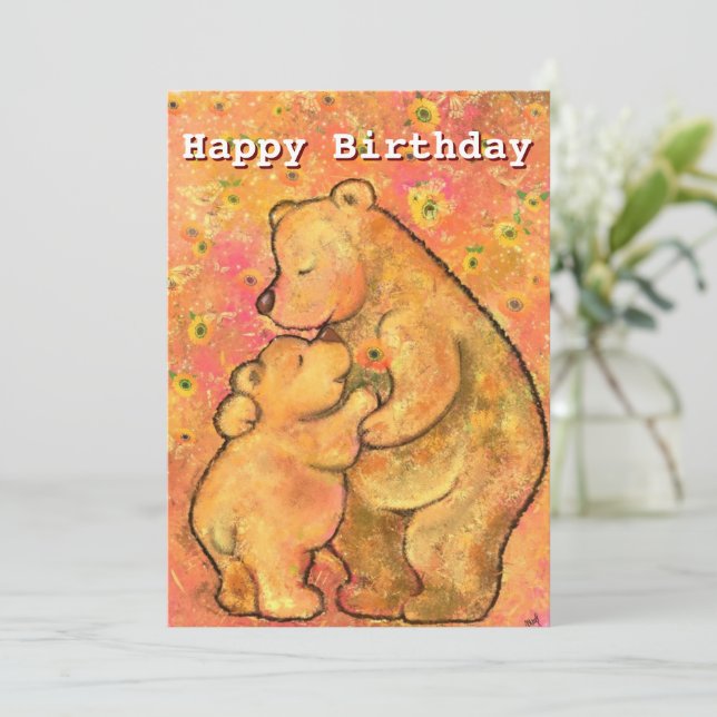 Feliz Cartão de Aniversário com Mamãe e Bebê Bear  (Em pé/Frente)
