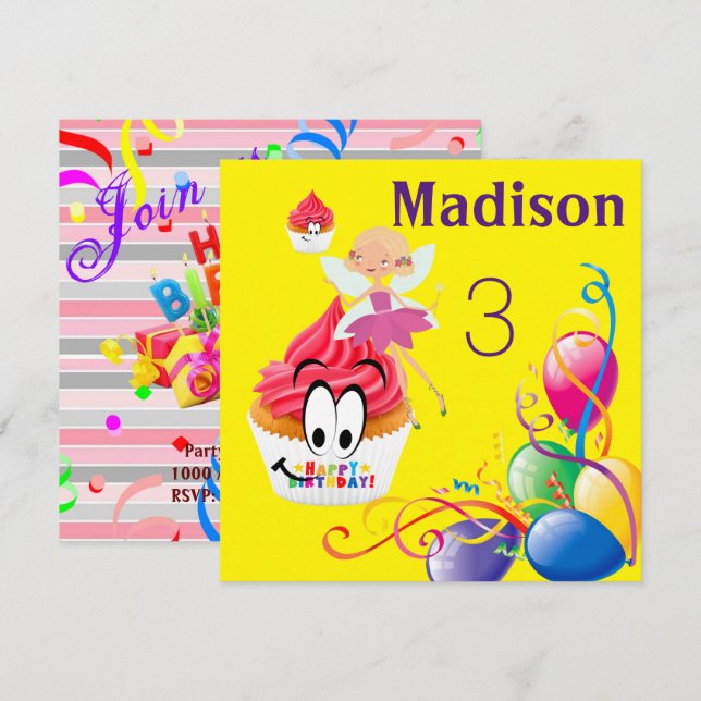 Feliz Cartão de Aniversário Convite Stripe Fairy C (Frente/Verso)