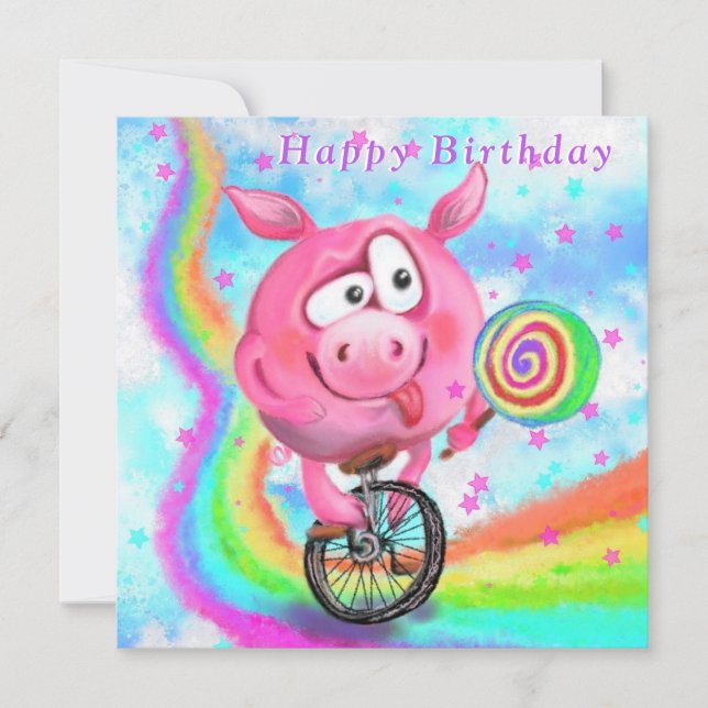 Feliz Cartão de Aniversário - Piggy Cyclist com Lo (Frente)