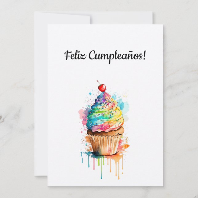 Feliz Cartão De Cupcake De Aniversário Em Espanhol (Frente)