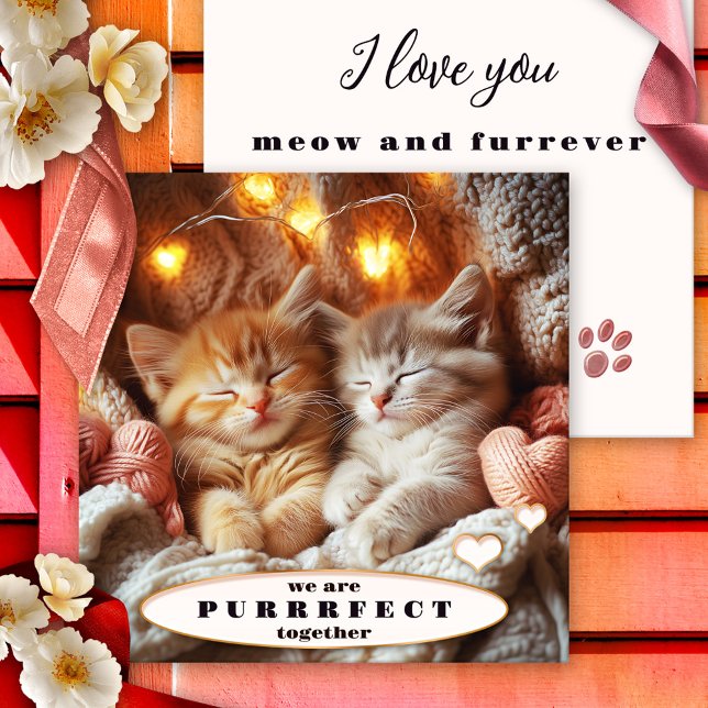 Feliz Cartão de Dia dos Namorados para Gatinhos Ad (Sweet romantic Valentine's Day card featuring an illustration of two adorable kittens cozy together)