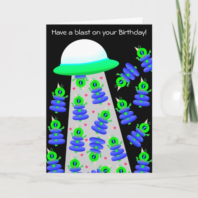 Feliz cartão temático da alienígena de aniversário (Frente)