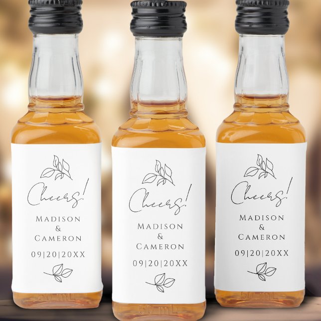 Feliz Casamento Elegante de Folhas Negras e Branca (Cheers Elegant Wedding Black & White Leaves Favor Liquor Bottle Label)