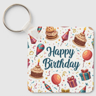 Feliz Chaveiro de aniversário com balões e bolos