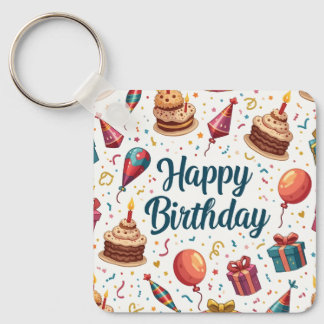 Feliz Chaveiro de aniversário com balões e bolos