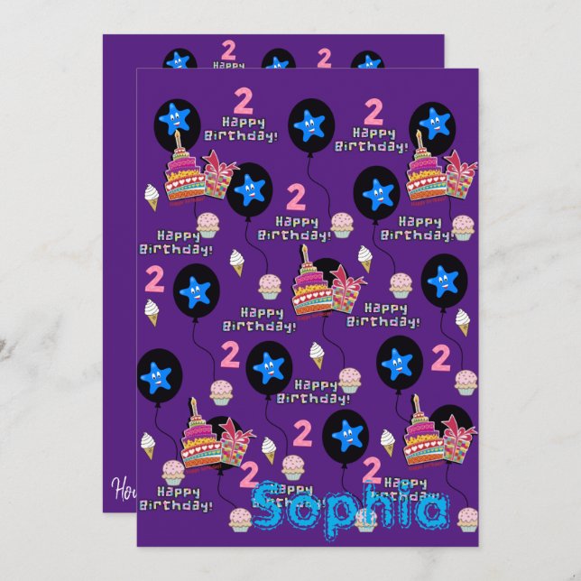 Feliz Convite ao segundo aniversário #2 Roxo (Frente/Verso)