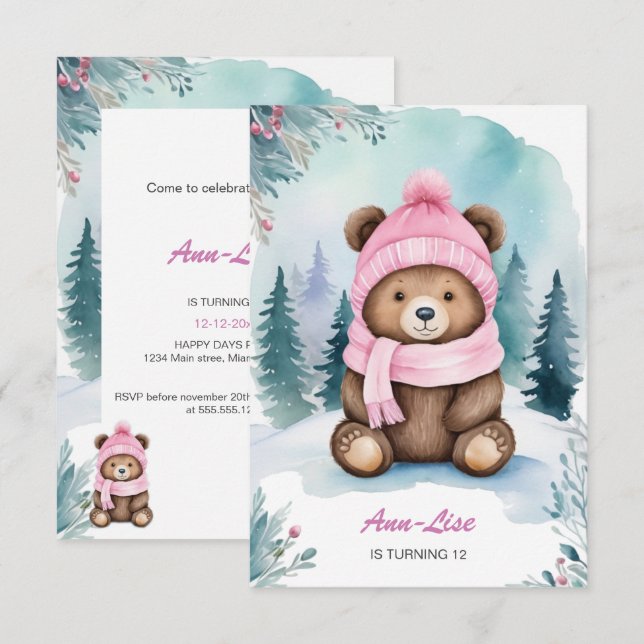 Feliz Convite de Aniversário do Urso Rosa Rosa de  (Frente/Verso)