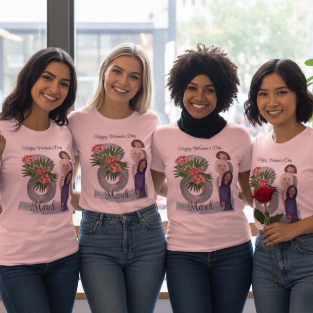 Feliz Dia da Mulher | 8 de março T-Shirt Rosa (Happy Women's Day  March 8th Pink T-Shirt- showing diversified women matching T_shirt  )