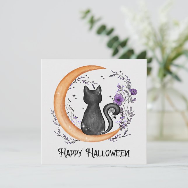 Feliz Dia das Bruxas - Gato Negro na Lua Crescente (Em pé/Frente)