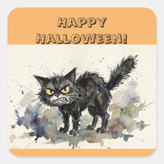 Feliz Dia das Bruxas Gato Preto Adesivos Quadrados