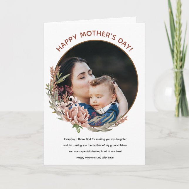 Feliz Dia das Mães Floral Foto Cartão para Filha (Frente)