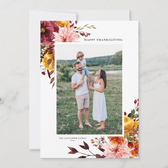 Feliz Dia de Ação de Graças das Flores de Aquarela (Frente)