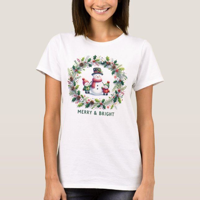"Feliz e Brilho" Neve e crianças T-Shirt (Frente)