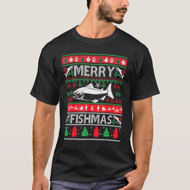 Feliz Fishmas  Camiseta Feia de Natal de Pesca Men (Frente)