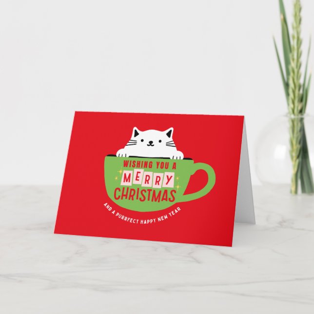 Feliz Gato De Natal No Cartão De Natal De Teacup,  (Frente)