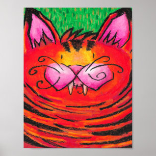 Feliz Gato de Tigre em Pastel de Óleo em Poster Ve
