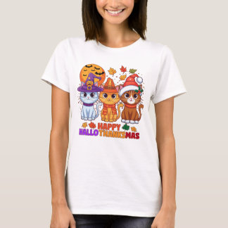 Feliz Hallothanksmas Cats T-shirt Feriado Feriado 