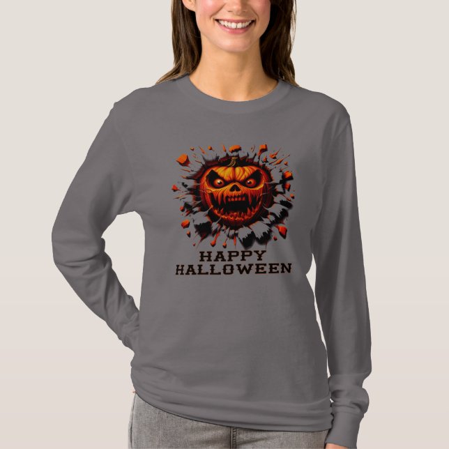 Feliz Halloween Abóbora Esmagadora Camiseta (Frente)