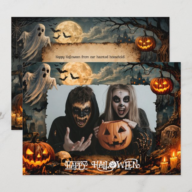 🎃 Feliz Halloween Cartão de foto personalizado (Frente/Verso)