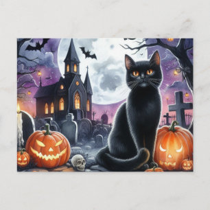 Feliz Halloween Cartão Postal Gato Preto Assustado