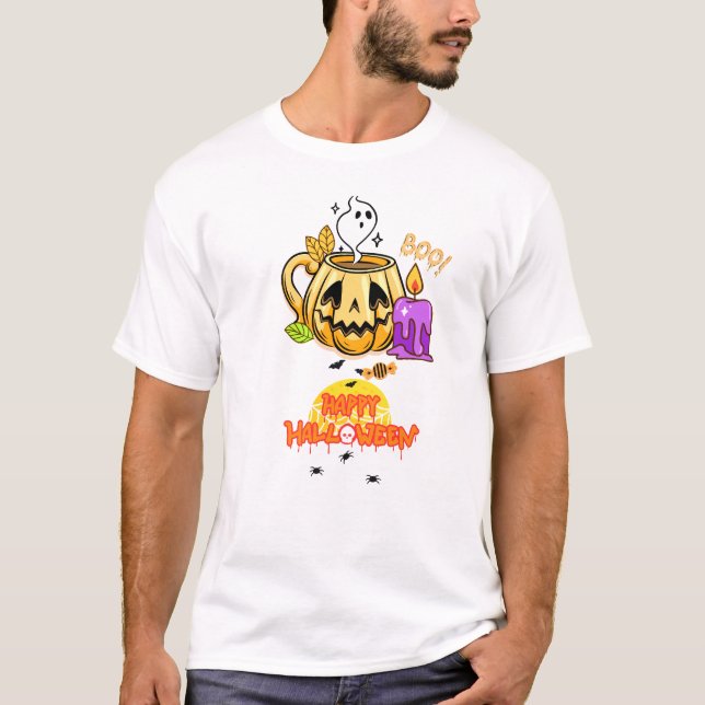 Feliz Halloween com T-Shirt de Vela Queimada (Frente)