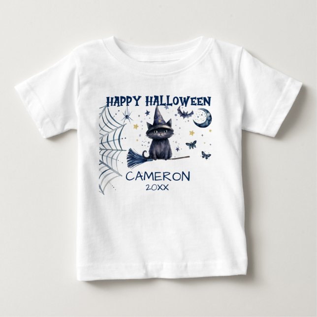 Feliz Halloween Gato Aquarela - Camiseta Bebê (Frente)