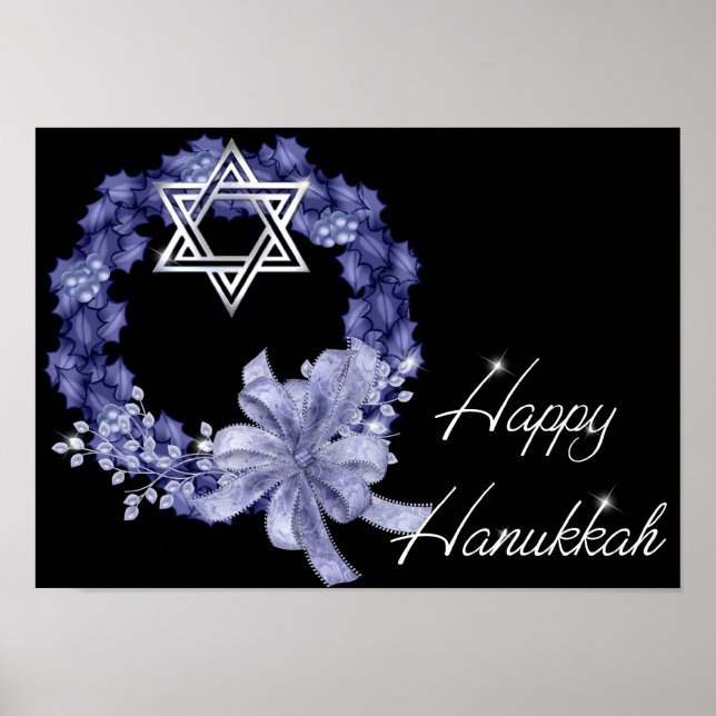 Feliz Hanukkah Blue Wreath/Star Designed Impressão (Frente)
