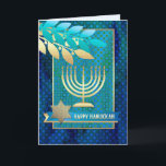 Feliz Hanukkah. Cartões de saudação personalizávei<br><div class="desc">Feliz Hanukkah! Feliz Chanukah! Star of David,  Menorah e Olive Branches Design Cartões de Saudação de Chanucá Personalizáveis com nome e saudação personalizados. Cartões e presentes disponíveis na Categoria Feriados Judeus / Hanukkah da nossa loja.</div>