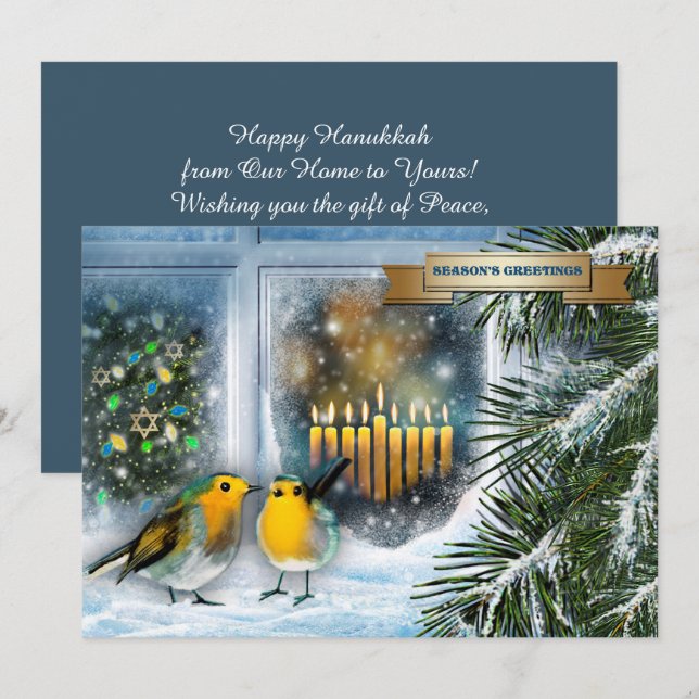 Feliz Hanukkah. Cena de Neve com Cartão Menorah (Frente/Verso)