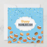 Feliz Hanukkah Confetti Sufganiyah<br><div class="desc">Este design de feriados apresenta o texto "Happy Hanukkah" na tipografia moderna cercada por confetti e sufganiyot (donuts) em um fundo azul. #hanukkah #feriados #sazonal #festivo #moderno #doughnut #rosquinhas #sufganiyah #azul #baking #comida #cumprimentos #cartões #cartões #tendências #tendências #estilo #na moda #popularidade #design #designer #stationery</div>