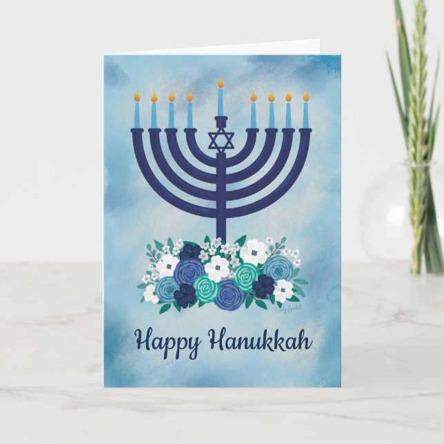 Feliz Hanukkah Floral Menorah Cartões de agradecim (Frente)