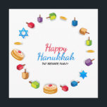 Feliz Hanukkah Foto Moderna Dreidel Nome da Estrel<br><div class="desc">Este design de feriados apresenta o texto "Happy Hanukkah" na tipografia moderna, vermelha e azul, rodeada de sonhos, moedas de ouro, estrelas e suganiyah. Personalizado com seu nome e foto favorita no verso. #hanukkah #chanukah #feriados #sazonal #festivo #moderno #dreidel #star #gold #starofdavid #design #designer #cards #cumprimentos #cartões #papelaria #cartões de...</div>
