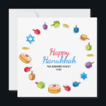 Feliz Hanukkah Foto Moderna Dreidel Nome da Estrel<br><div class="desc">Este design de feriados apresenta o texto "Happy Hanukkah" na tipografia moderna, vermelha e azul, rodeada de sonhos, moedas de ouro, estrelas e suganiyah. Personalizado com seu nome e foto favorita no verso. #hanukkah #chanukah #feriados #sazonal #festivo #moderno #dreidel #star #gold #starofdavid #design #designer #cards #cumprimentos #cartões #papelaria #cartões de...</div>