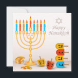 Feliz Hanukkah Menorah Dreidel Moins Dourados<br><div class="desc">Esta design de feriados apresenta uma menorah com sonhos e moedas de ouro. O texto "Happy Hanukkah" está escrito em um roteiro de caligrafia moderno com a Estrela de David acima. #hanukkah #chanukah #feriados #sazonal #festivo #menorah #dreidel #moedas #ouro #starofdavid #estrela #moderna #tendências #estilo #na moda #popularidade #design #designer #cumprimentos...</div>