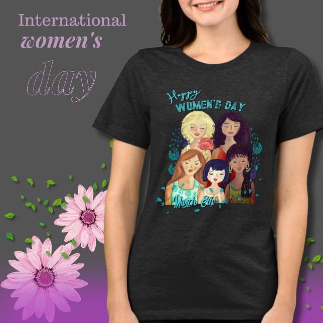 Feliz Ilustração do Dia das Mulheres em T-Shirt Tr (Happy Women' Day Illustration T-Shirt Tri-Blen Tri-Blend Shirt)