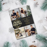 Feliz Natal 4 Foto Collage Chalkboard Dourada<br><div class="desc">Um na moda de folha de ouro de 4 fotos, design de colagem de férias para você personalizar com suas fotos, mensagens, nomes e anos favoritos em um quadro de quadro. Os traços inversos caem flocos de neve em um fundo de quadro de quadro de chanfro correspondente. Projetado por Thisnotme©...</div>