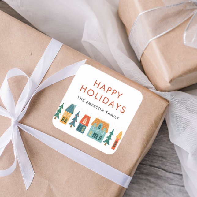Feliz Natal Adesivos de Inverno (Happy Holidays Retro Chic Houses Square Envelope Seal Gift Sticker by Painted Paperie)