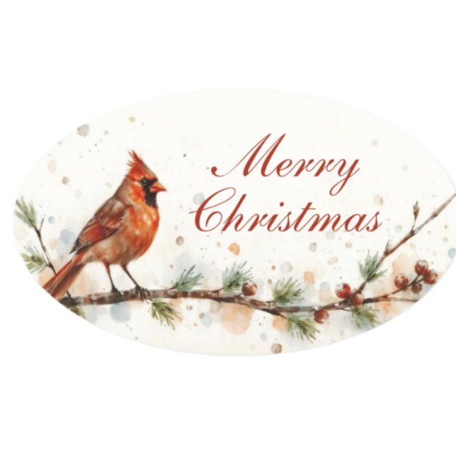 Feliz Natal Cardinal em Galho Adesivos Ovalados (Criador carregado)