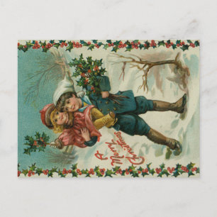 Feliz Natal - cartão postal retrô, crianças, azevi
