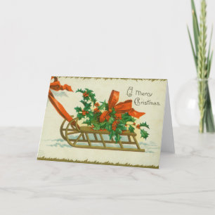 Feliz Natal - cartão postal vintage, trenó e azevi