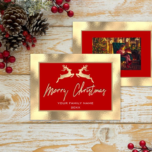 Feliz Natal Dourado A Foto Reindeer Red (Merry Christmas Gold Family Photo Reindeer Red)