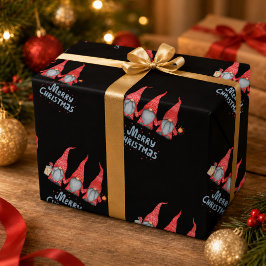 Feliz Natal Gnomo Vermelho Papel de embrulho Preto
