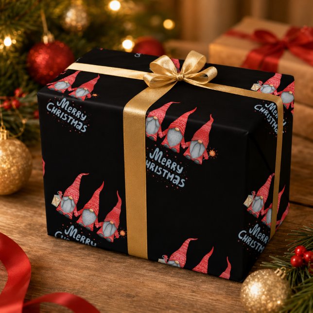 Feliz Natal Gnomo Vermelho Papel de embrulho Preto (Criador carregado)